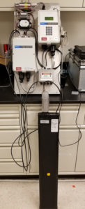 Photo of the desktop radiation portal monitor (RPM) fully set up with a PVT detector connected to it.